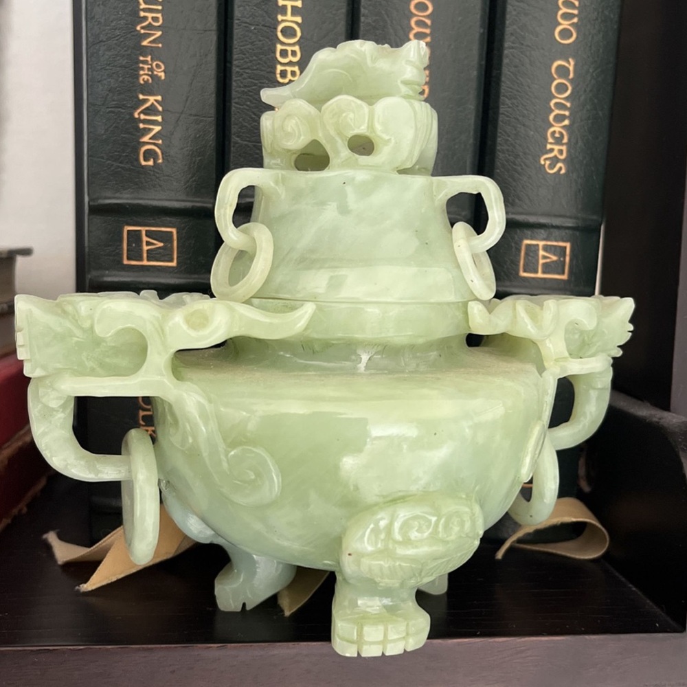Vintage Chinese Carved Green Jade / Hardstone Tripod Censer Lidded Dragon Incens